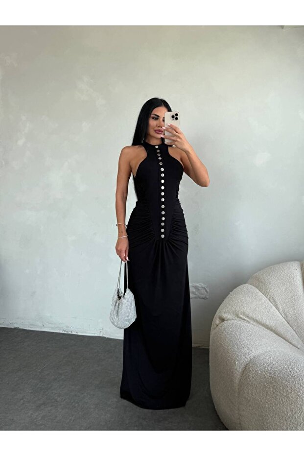 Button Detailed Gathered Halter Neck Black Maxi Dress