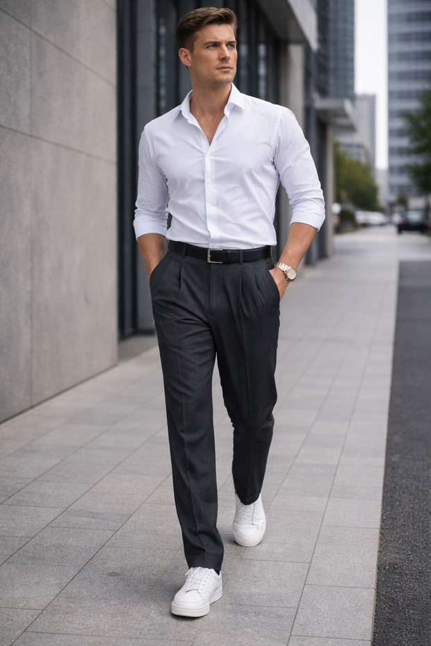 Men's Anthracite Loose Fit Pleated Fabric Trousers