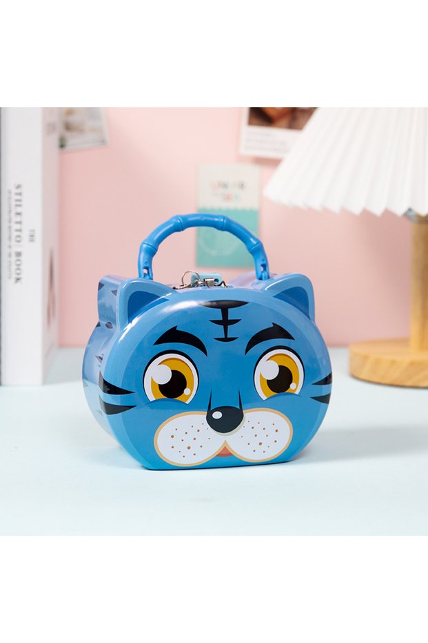 Metal Piggy Bank with Tiger Figure - Children's Savings Box with Bag and Key, Blue