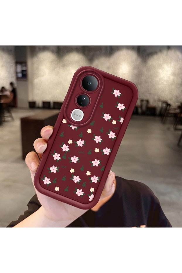 Vivo V50 Lite Compatible Shockproof Simple Claret Red Silicone Phone Case Cover Flower Pattern
