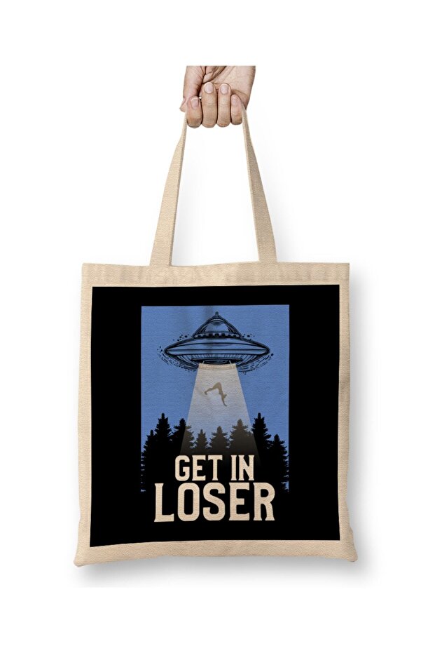 Cute & Funny Get In Loser UFO Aliens Spaceship Tote Bag Long Handle