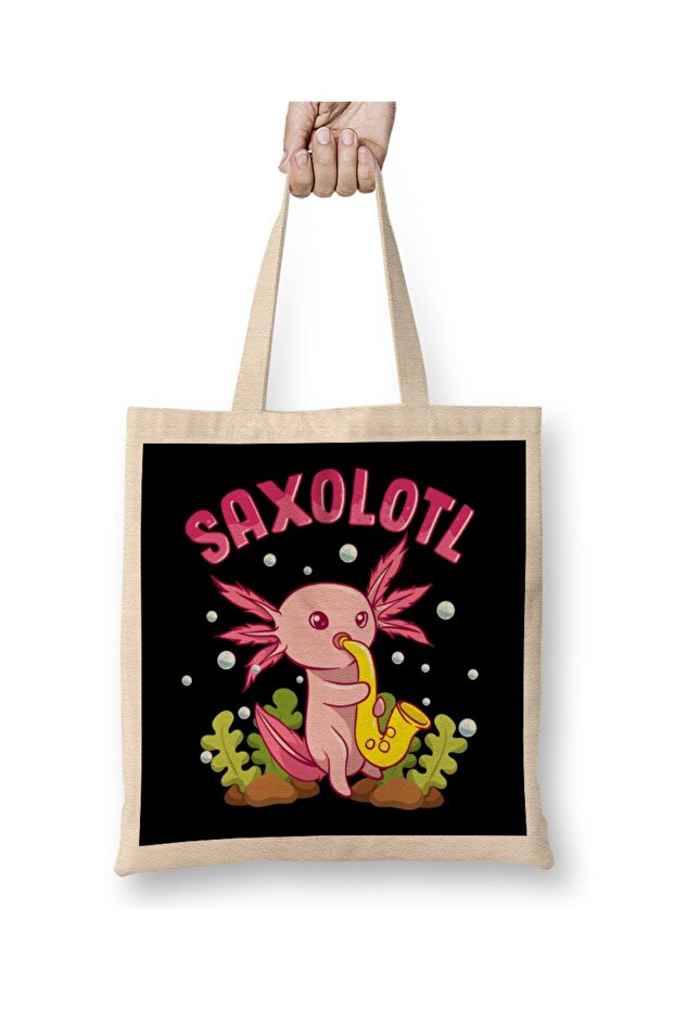 Saxolotl رائعتين ساكس لعب Axolotl الحيوان Pun حقيبة قماش مقبض طويل