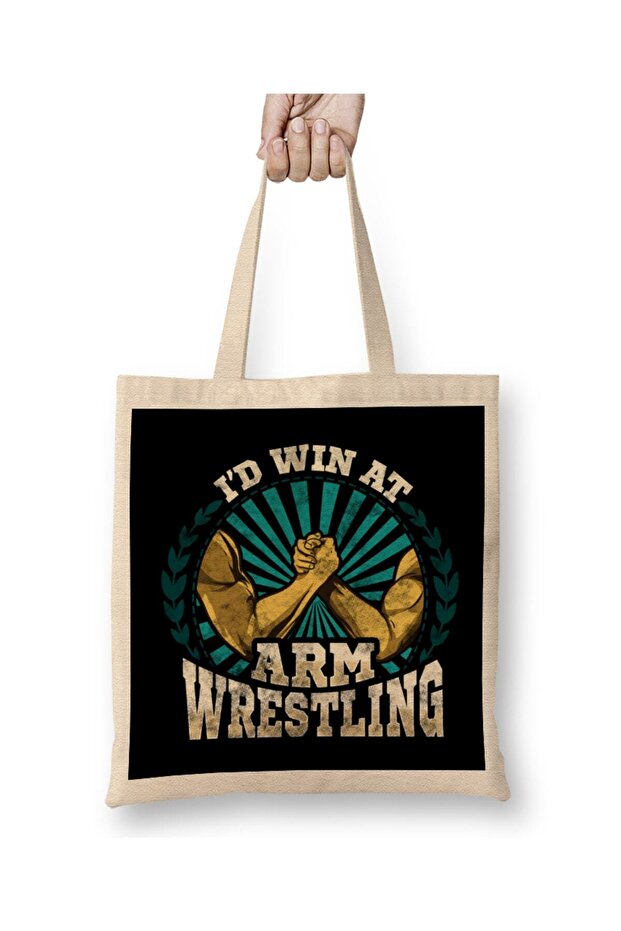 حقيبة قماش I'd Win At Arm Wrestling Athlete Strong Wrestler بمقبض طويل