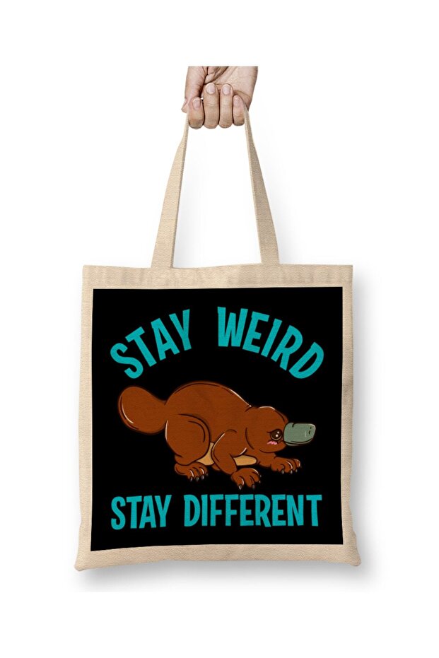 حقيبة قماش Stay Weird Stay Different Platypus Animal Pun بمقبض طويل