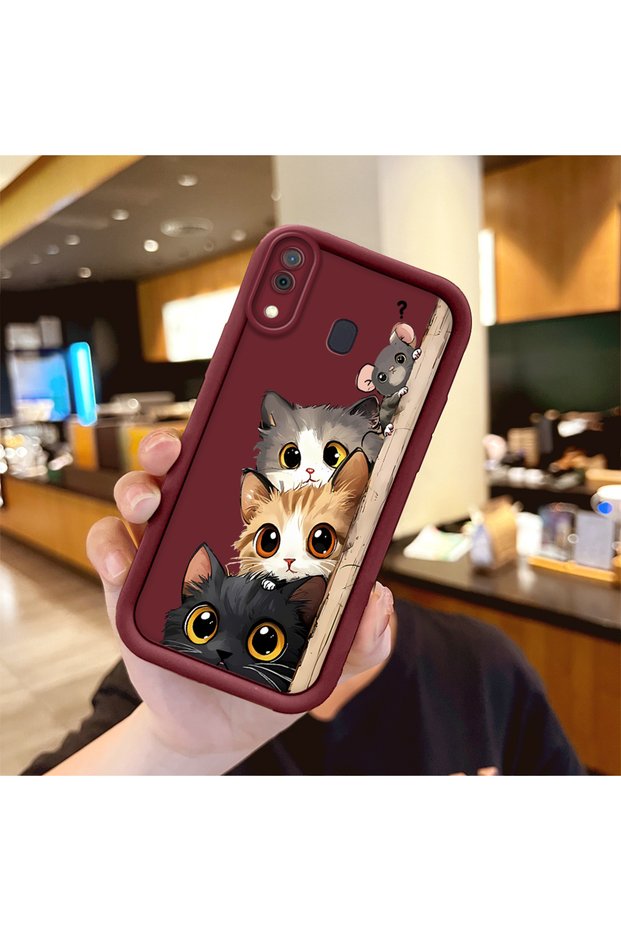Samsung Galaxy A20 Compatible Cat Pattern Shockproof Simple Claret Red Silicone Phone Case