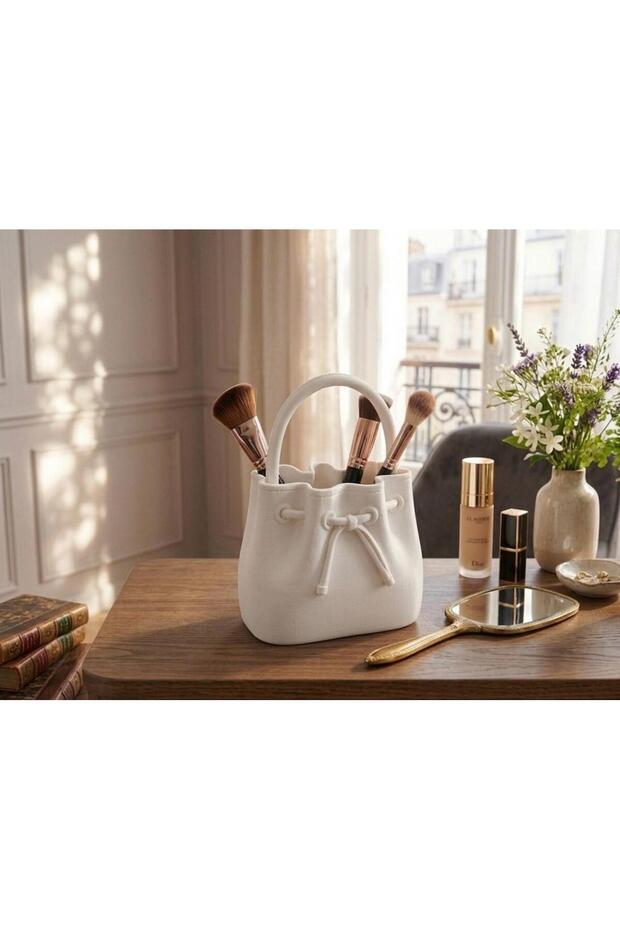 Decorative Bag-Shaped Makeup Brush Holder and Multi-Purpose Organizer - White