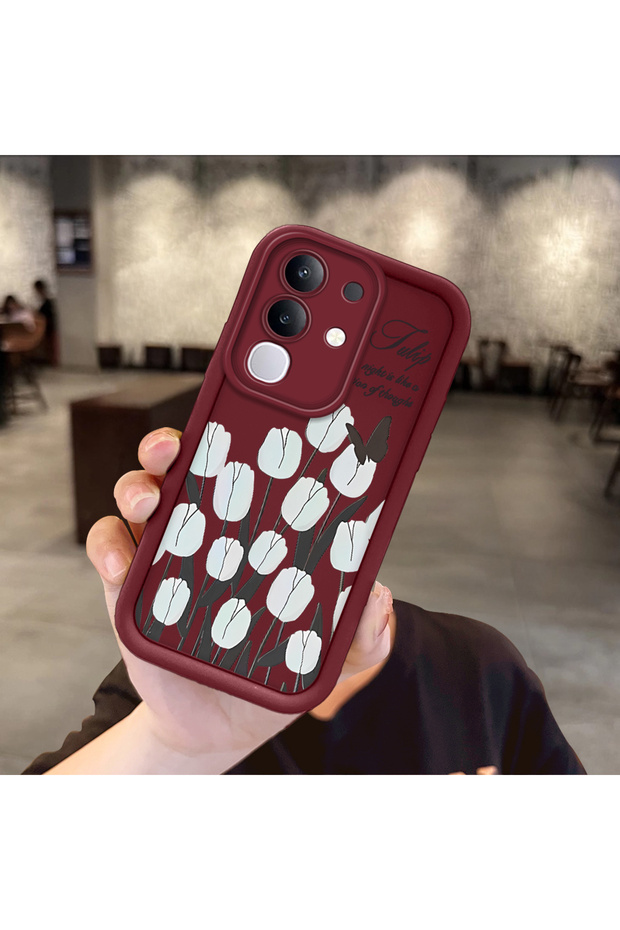 Vivo Y29 Compatible Shockproof Simple Claret Red Silicone Phone Case Cover Flower Pattern