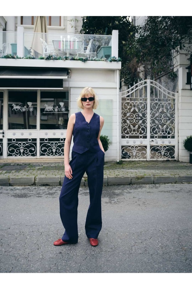 Koton Linen Vest Pants Suit Indigo