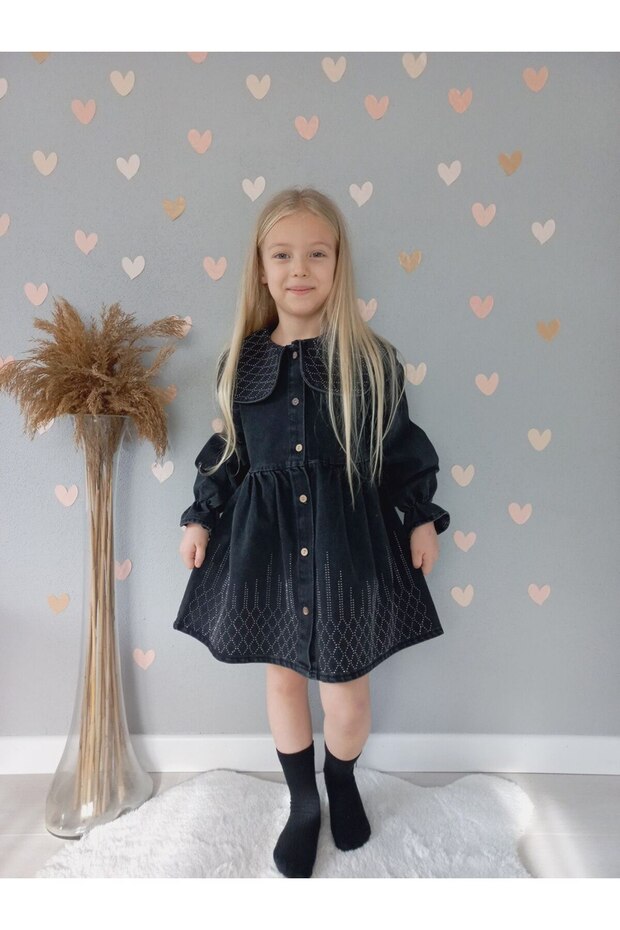 Girls' Black Stone Printed Denim Dress
