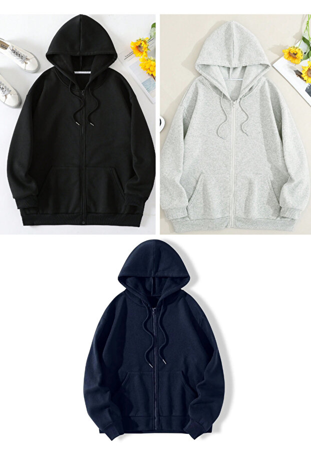 3-Piece Zippered Hooded Oversize Sweatshirt