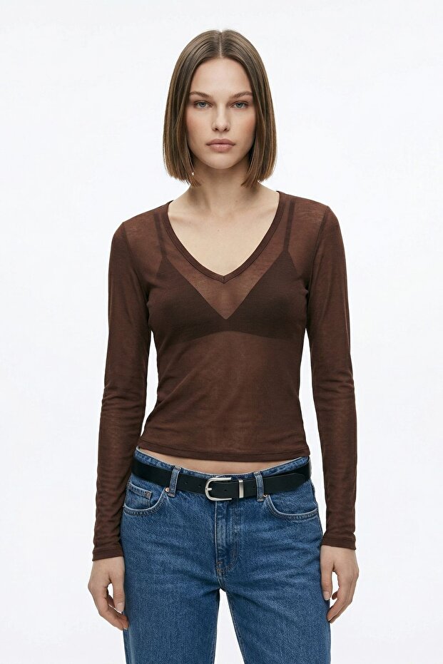 Coffee V-Neck Transparent Blouse 0418 - 1