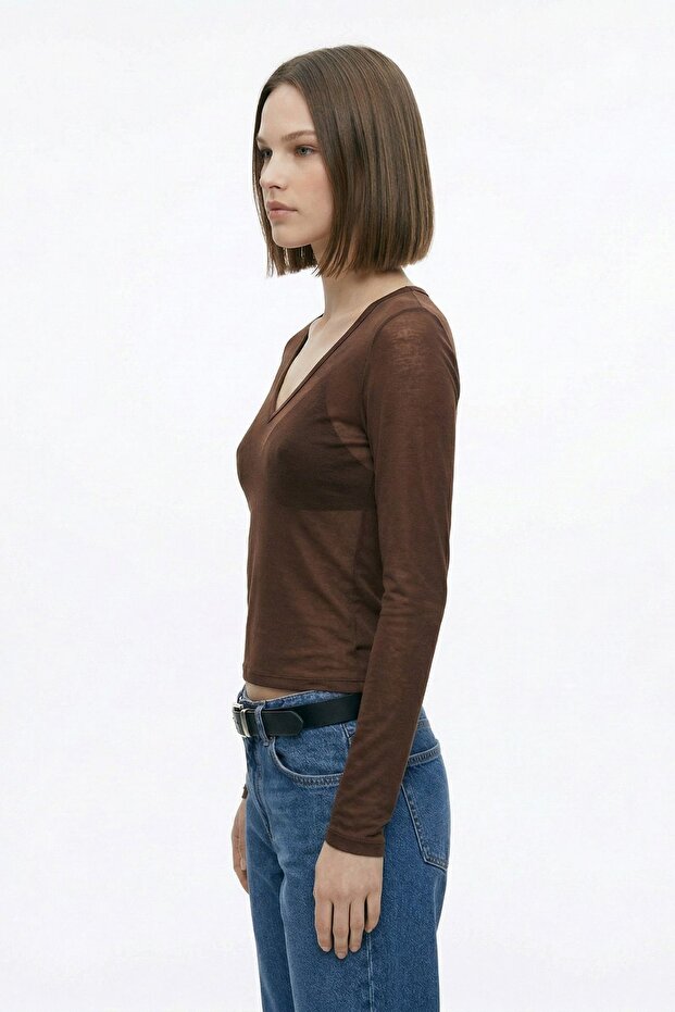 Coffee V-Neck Transparent Blouse 0418 - 2