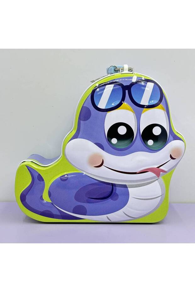 Metal Piggy Bank with Baby Snake Figure - Children's Savings Box with Lock and Key, Blue