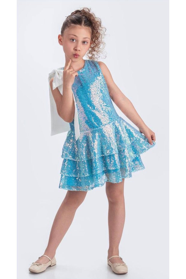 Satin Ribbon Detailed Sequin Costume Party Girl's Dress