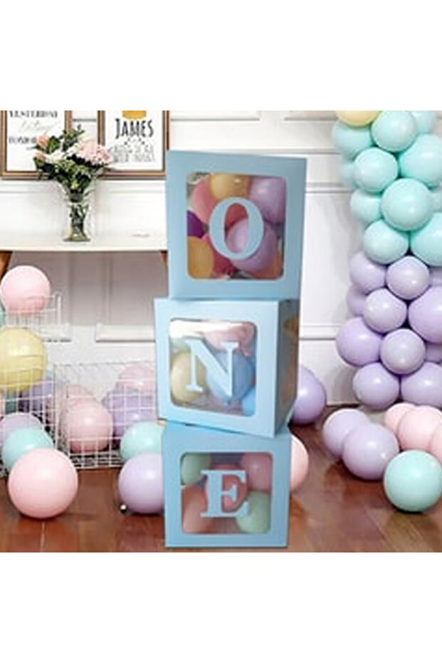 One (1 Year Old) Blue Transparent Letter Box with Writing + 12 Balloons