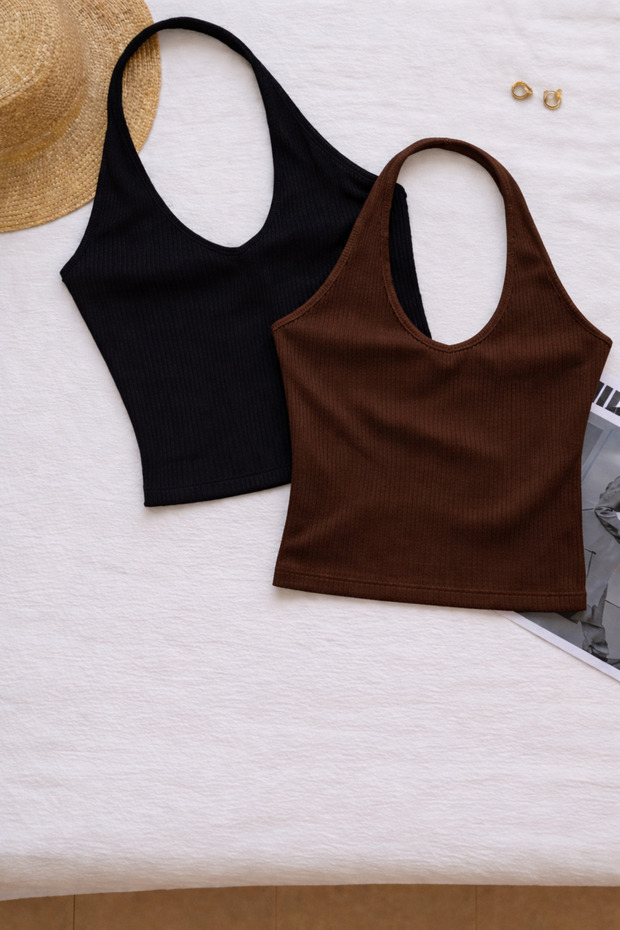 Women's Cross Halter Neck Sleeveless 2-Piece Ribbed Crop Basic Athlete Blouse