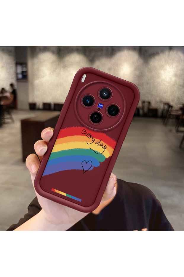 Vivo X300 Compatible Shockproof Simple Claret Red Silicone Phone Case Rainbow Pattern