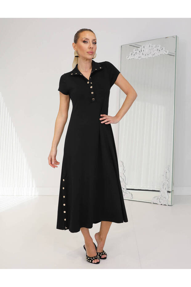 Women's Black Snap Closure Short Sleeve Dress