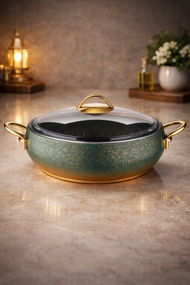 Caldora 28 cm Flat Granite Casserole Pot Green Gold Handle Non-Stick with Glass Lid