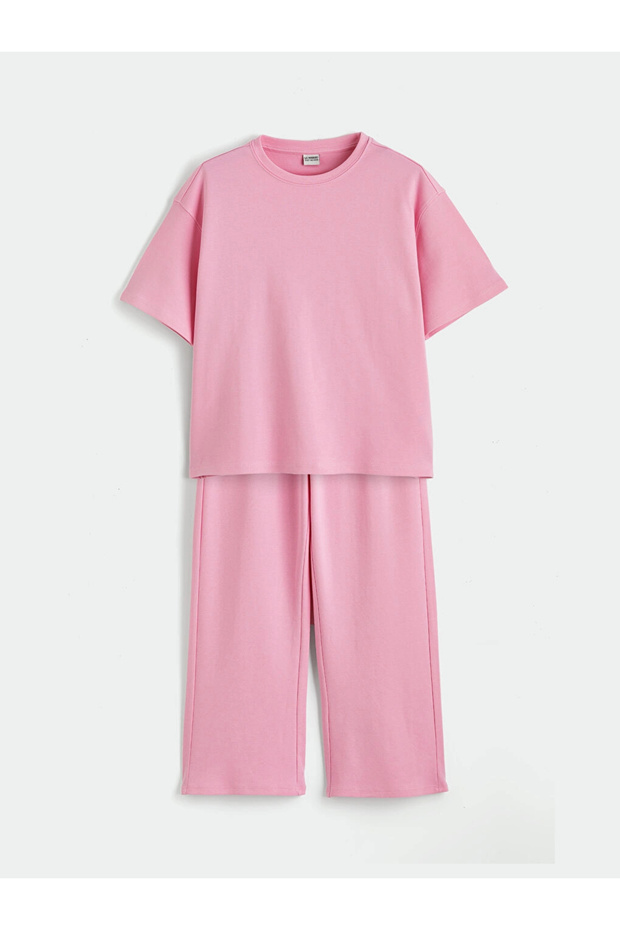 Lcw Kids Pink Crew Neck Girls' T-Shirt and Sweatpants