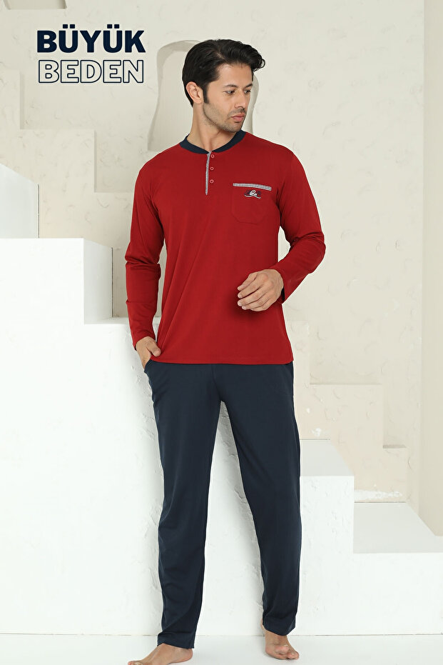Large Size Men's Pajama Set - Burgundy Arma Embroidered Lycra Combed Cotton 1194Uyb