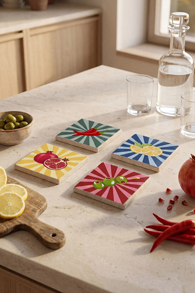 Lemon Pepper Pomegranate and Olive Themed Pop Art Natural Stone Travertine Coasters Set of 4