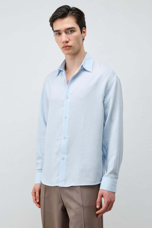 Baby Blue 100% Lyocell Striped Textured Men's Shirt