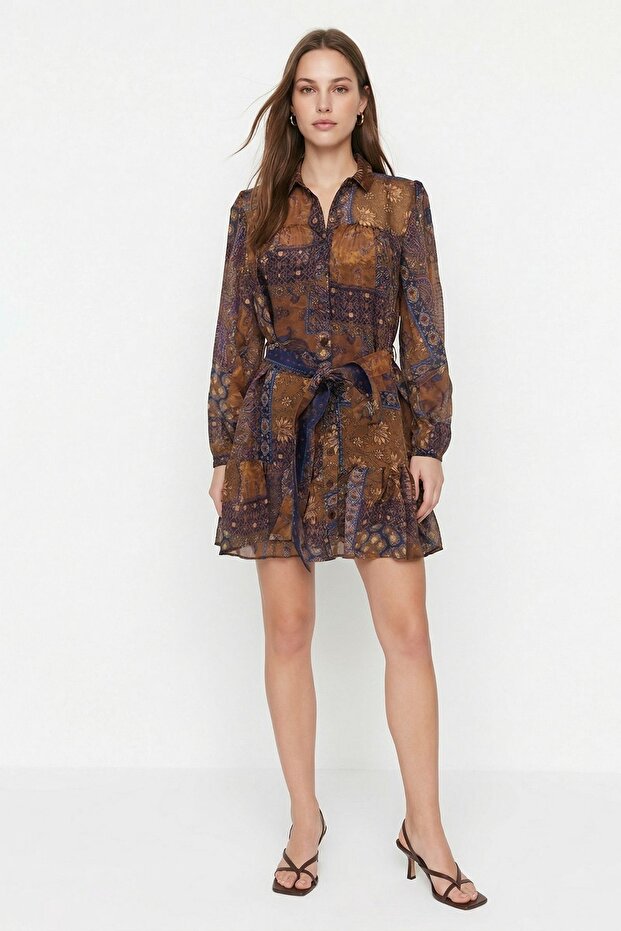 Rochie maro cu curea și model etnic 35560 - 1