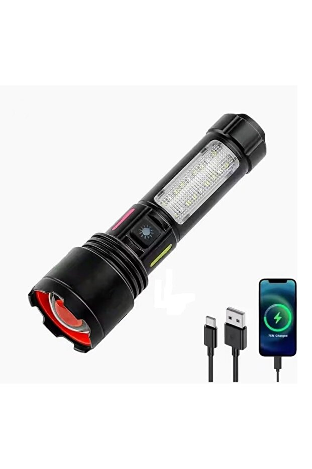 مصباح يدوي تكتيكي متعدد الوظائف بتقنية LED - إضاءة جانبية COB - مع بوصلة وشحن USB طراز WK-706