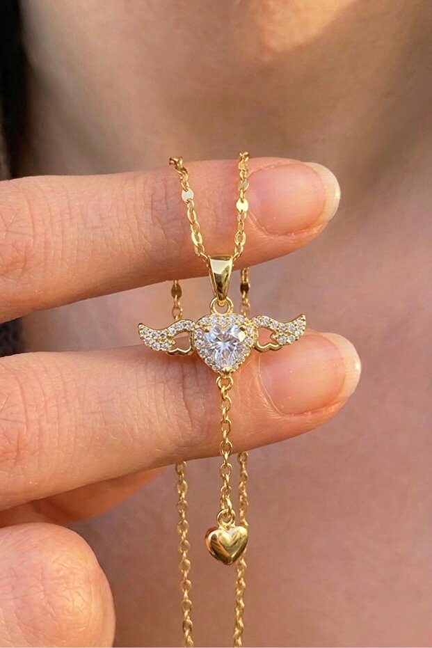 316L Steel Movable Winged Heart Figured Zircon Stone Gold Necklace