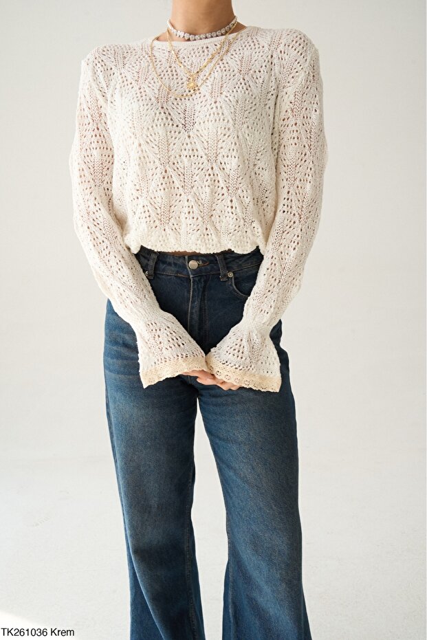Women's Openwork Sleeve Gathered Knitwear Sweater
