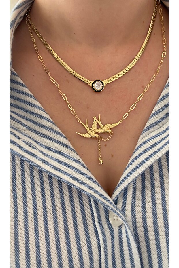 Paperclip Chain Double Swallow Single Stone Necklace and Serenay Straw Necklace Double Necklace