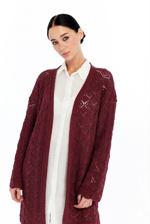 Women's Burgundy Openwork Seasonal Knitwear Cardigan Ma903