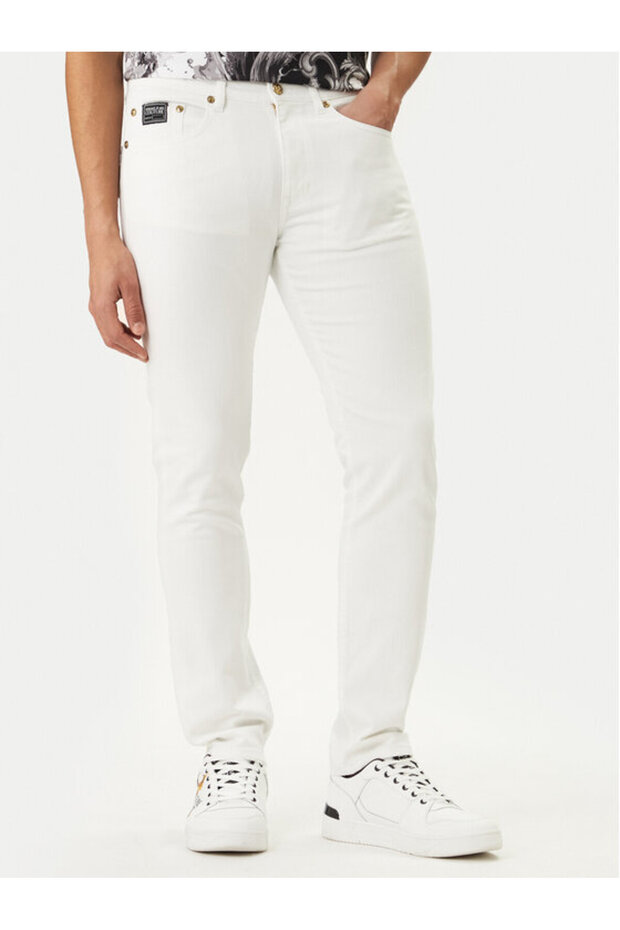 Men's Slim Fit Logo Detailed Straight Leg Stretch Cotton Denim White Jeans