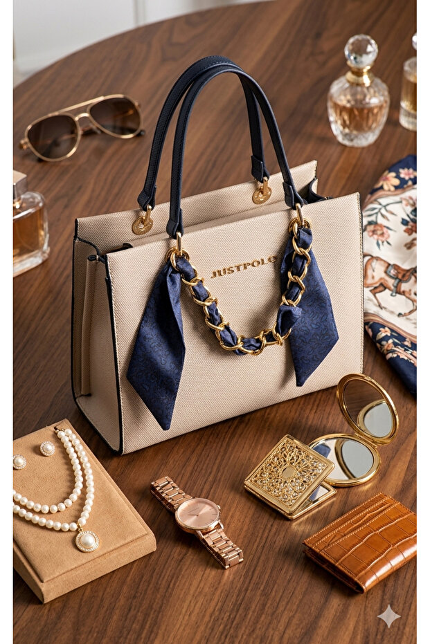 Women's Shoulder Bag - Original Medium Size Stylish Handbag with Gold Chain Shawl Accessory 6087