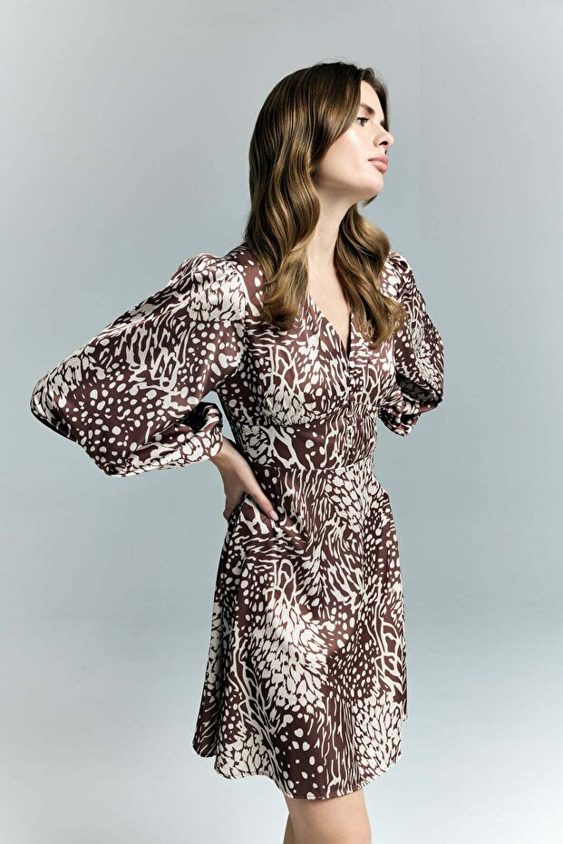 Patterned Mini Dress - Brown - 2