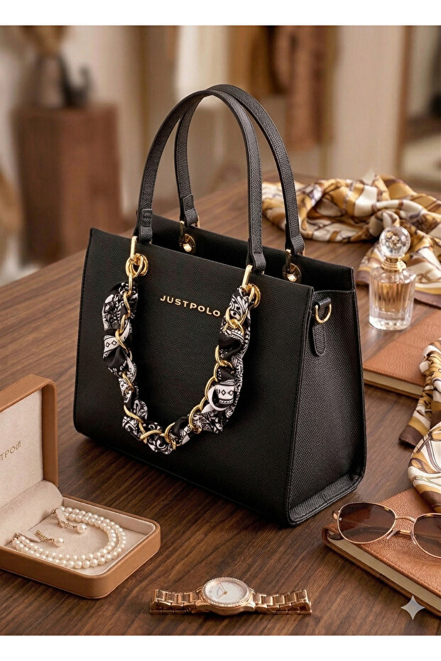 Women's Shoulder Bag - Original Medium Size Stylish Handbag with Gold Chain Shawl Accessory 6087