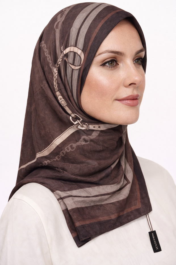 Brown Chain Detailed Jacquard Shawl