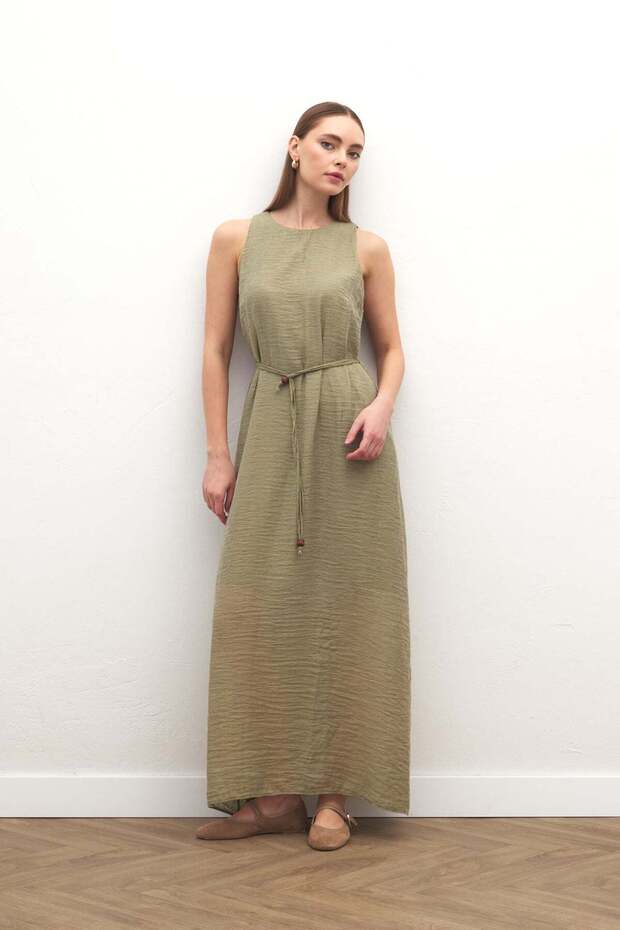 Long Dress with Belt Detail - Khaki