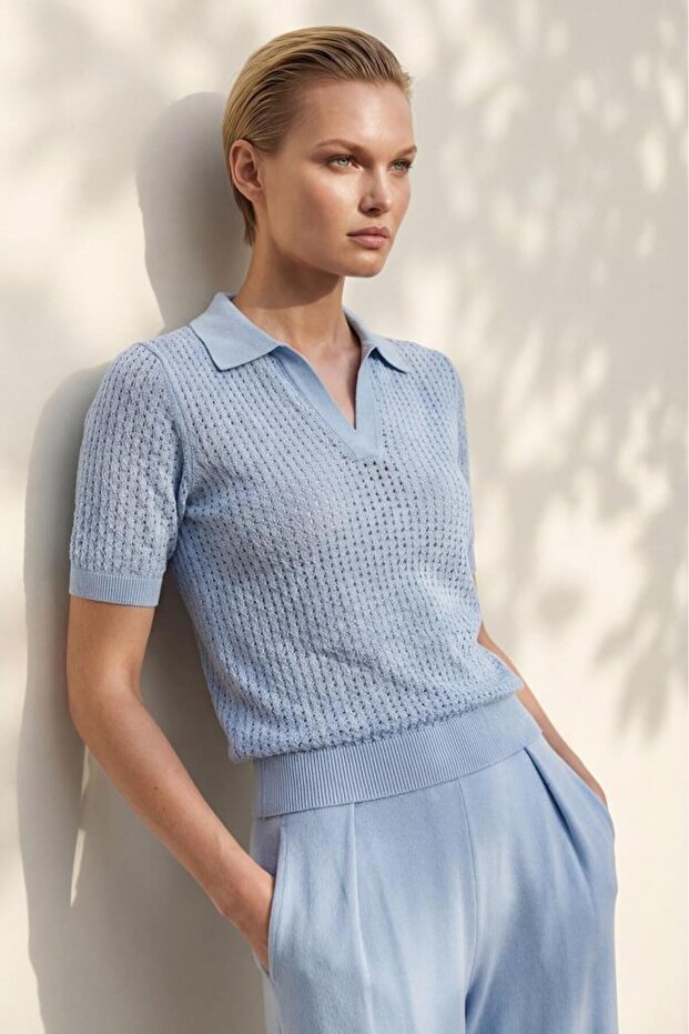 Polo Collar Openwork Blue Blouse - 2