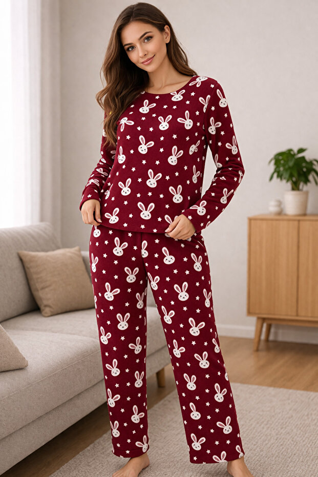 Women's Round Neck Top and Bottom Pajama Set Borda Rabbit Patterned 4 Season Tracksuit Set