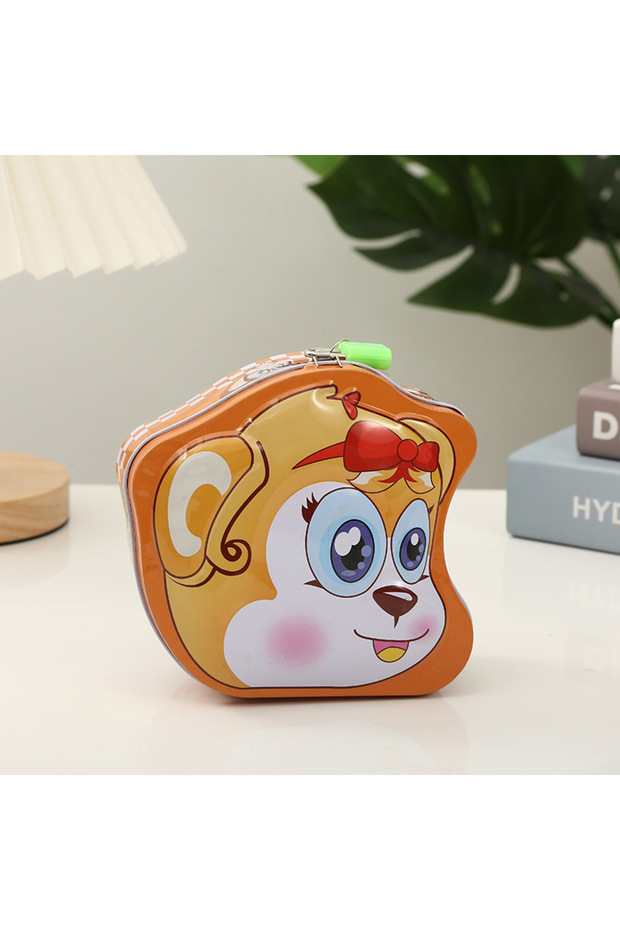 Metal Piggy Bank with Monkey Figure - Children's Savings Box with Lock and Key, Yellow