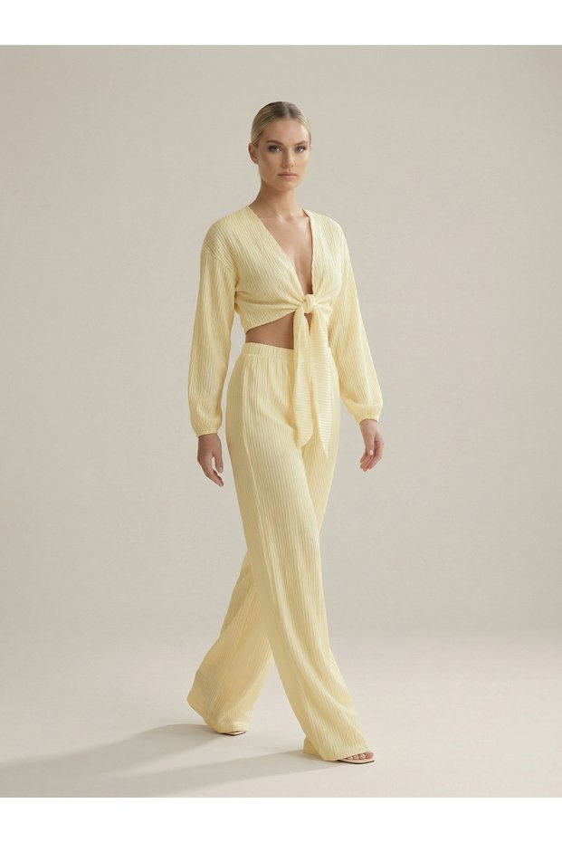 Women's Yellow Wrinkled Textured Tie-Up Crop Blouse High Waist Lined Wide Leg Pants Bottom Top Set