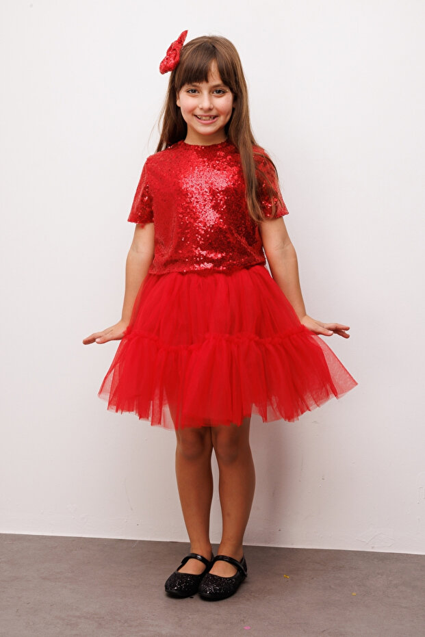 Red Double Suit with Sequin Detail on Tulle Skirt - Freya