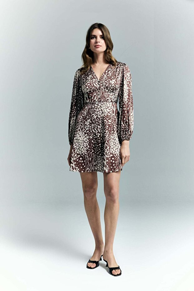 Patterned Mini Dress - Brown - 5