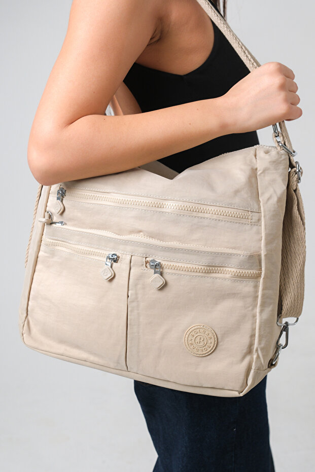 Viola Rosetti Beige Women's Multi-Compartment Waterproof Crinkle Daily Backpack Crossbody Hand and Shoulder Bag