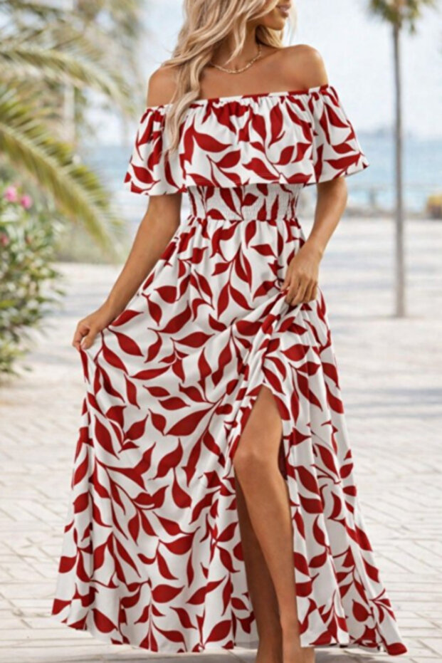 Women's Madonna Collar Patterned Long Single Jersey Dress with Slit Detail