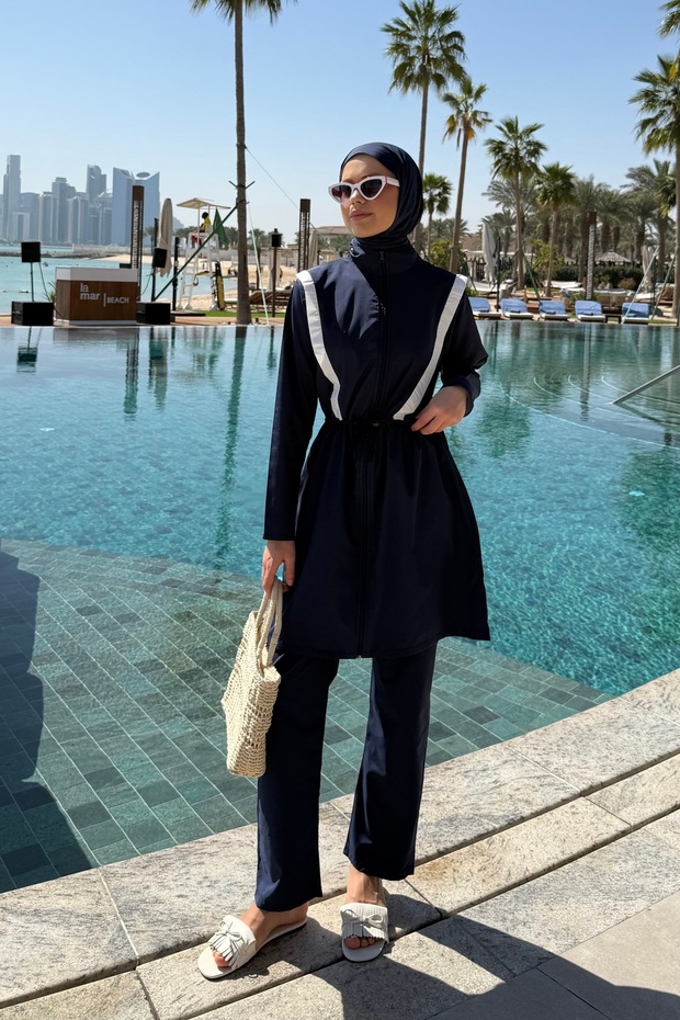 Stripe Detailed Hijab Swimsuit