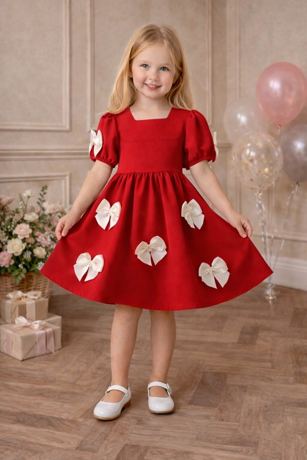 Crew Neck, Pearls and Bow, Short Sleeve, Red Color Girls' Dress