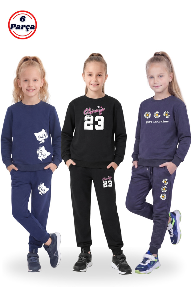 3-Piece Round Neck Print Detailed 6-Piece Girls' Tracksuit Set